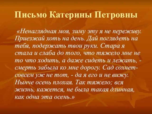 Письмо Катерины Петровны «Ненаглядная моя, зиму эту я не переживу. Приезжай