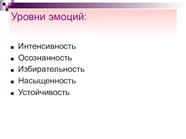 Уровни эмоций: Интенсивность Осознанность Избирательность Насыщенность Устойчивость