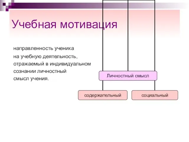 Учебная мотивация направленность ученика на учебную деятельность, отражаемый в индивидуальном сознании личностный смысл учения.