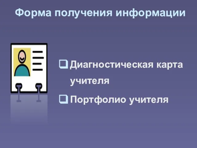 Форма получения информации Диагностическая карта учителя Портфолио учителя