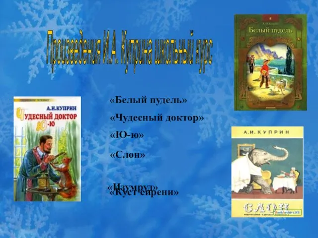 «Белый пудель» «Изумруд» «Чудесный доктор» «Слон» «Ю-ю» «Куст сирени» Произведения И.А. Куприна школьный курс