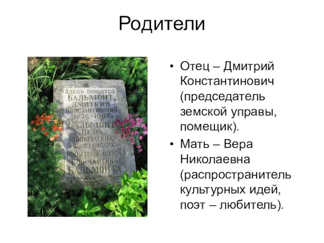 Родители Отец – Дмитрий Константинович (председатель земской управы, помещик). Мать –