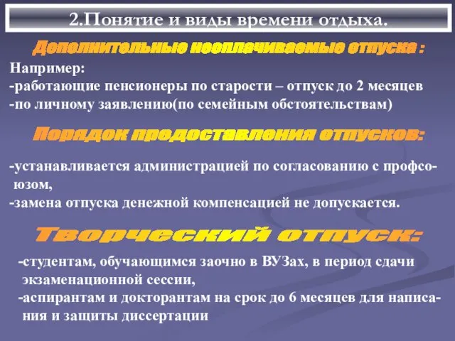 2.Понятие и виды времени отдыха. Дополнительные неоплачиваемые отпуска : Например: -работающие