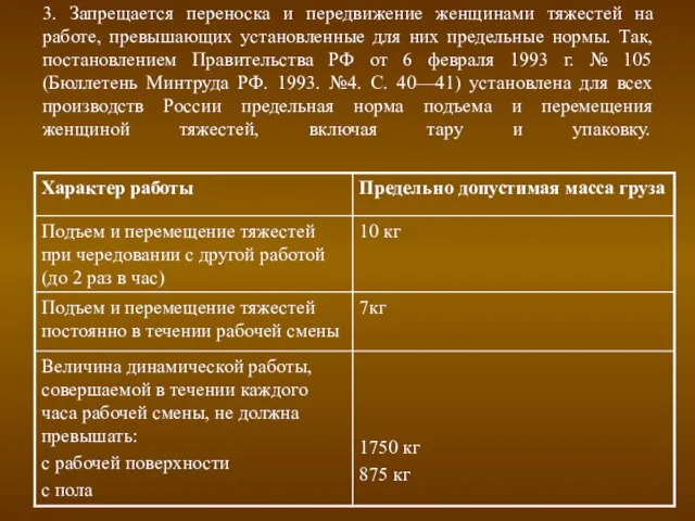 3. Запрещается переноска и передвижение женщинами тяжестей на работе, превышающих установленные