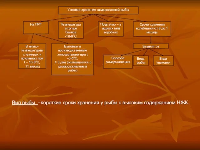 Условия хранения замороженной рыбы Поштучно – в ящиках или коробках Температура