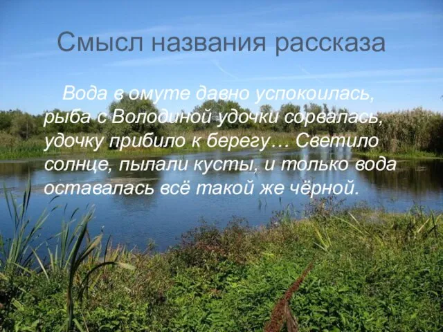 Смысл названия рассказа Вода в омуте давно успокоилась, рыба с Володиной