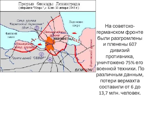 На советско-германском фронте были разгромлены и пленены 607 дивизий противника, уничтожено