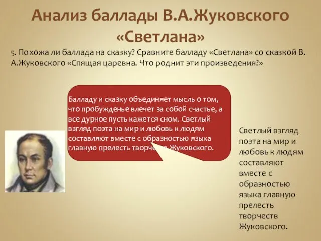 Анализ баллады В.А.Жуковского «Светлана» 5. Похожа ли баллада на сказку? Сравните