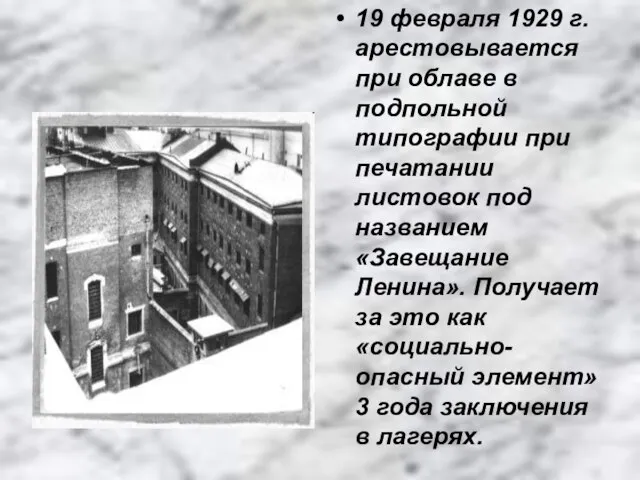 19 февраля 1929 г. арестовывается при облаве в подпольной типографии при