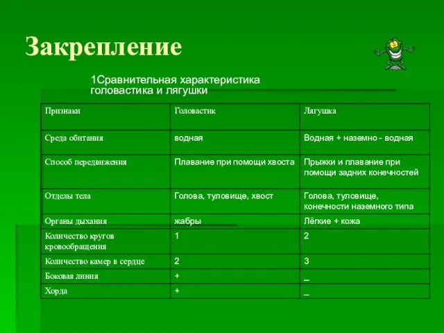 Закрепление 1Сравнительная характеристика головастика и лягушки