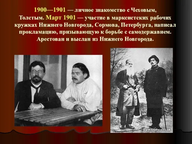 1900—1901 — личное знакомство с Чеховым, Толстым. Март 1901 — участие