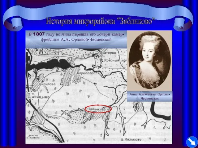 История микрорайона "Зябликово" Анна Алексеевна Орлова-Чесменская В 1807 году вотчина перешла его дочери камер-фрейлине А.А. Орловой-Чесменской