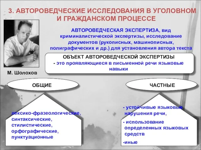 3. АВТОРОВЕДЧЕСКИЕ ИССЛЕДОВАНИЯ В УГОЛОВНОМ И ГРАЖДАНСКОМ ПРОЦЕССЕ М. Шолохов АВТОРОВЕДЧЕСКАЯ