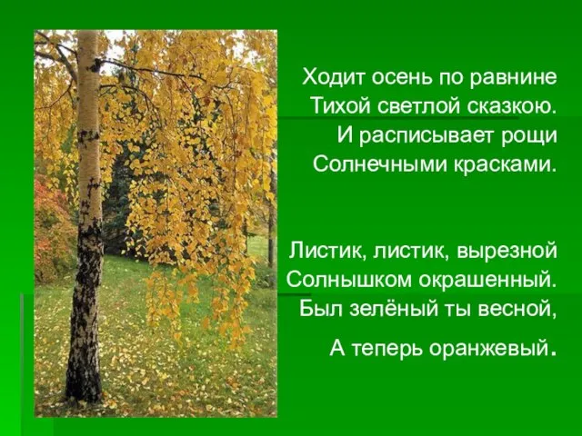 Ходит осень по равнине Тихой светлой сказкою. И расписывает рощи Солнечными