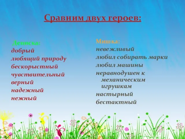 Сравним двух героев: Дениска: добрый любящий природу бескорыстный чувствительный верный надежный