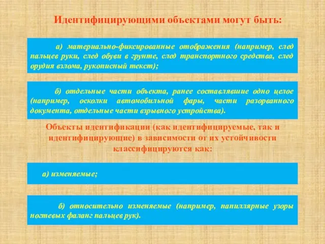 Идентифицирующими объектами могут быть: а) материально-фиксированные отображения (например, след пальцев руки,