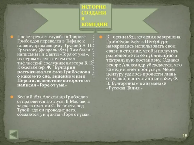 История создания «Горе от ума» После трех лет службы в Тавризе