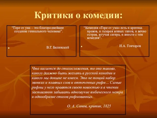 Критики о комедии: “Горе от ума – это благороднейшее создание гениального