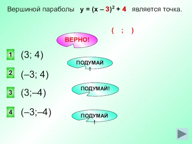 ВЕРНО! 1 2 4 3 Вершиной параболы у = (х –