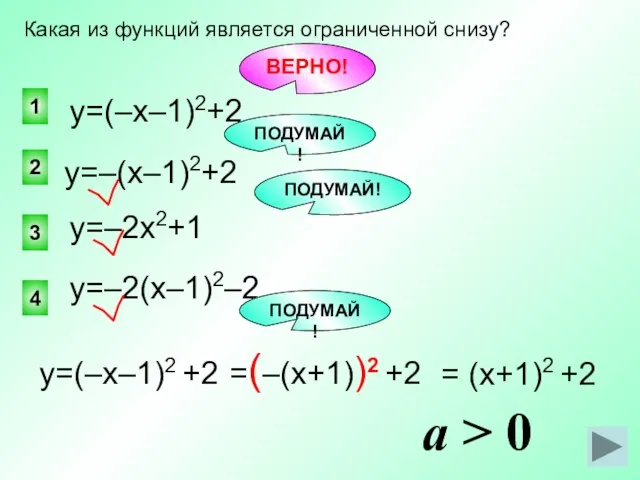 ВЕРНО! 1 2 4 3 Какая из функций является ограниченной снизу?