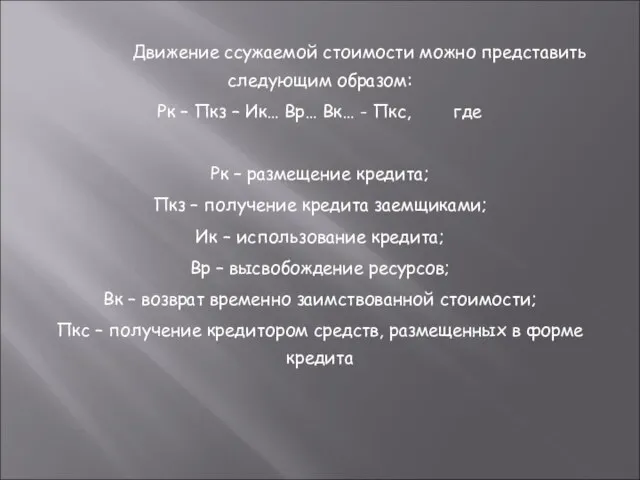 Движение ссужаемой стоимости можно представить следующим образом: Рк – Пкз –