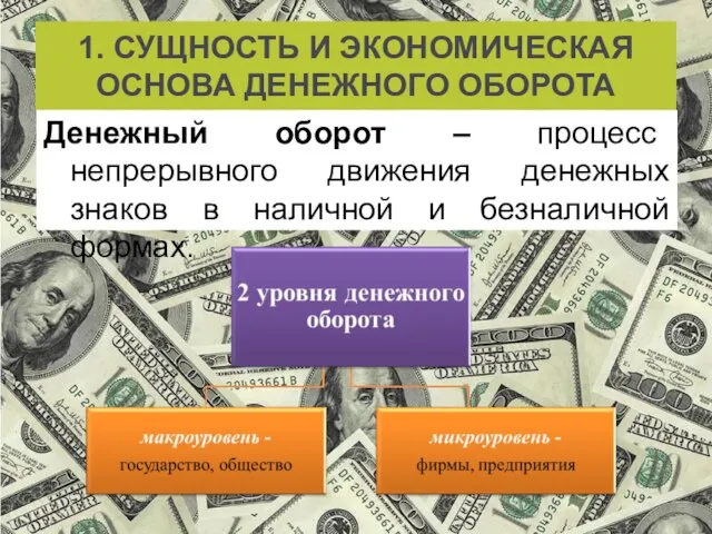 1. СУЩНОСТЬ И ЭКОНОМИЧЕСКАЯ ОСНОВА ДЕНЕЖНОГО ОБОРОТА Денежный оборот – процесс