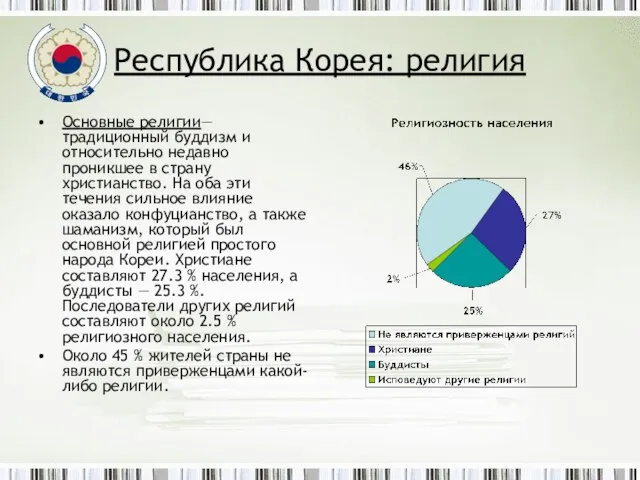 Республика Корея: религия Основные религии— традиционный буддизм и относительно недавно проникшее