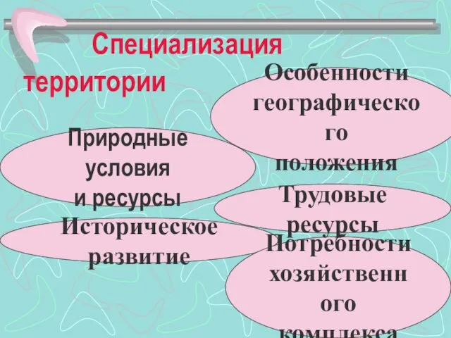 Специализация территории Природные условия и ресурсы Особенности географического положения Историческое развитие Потребности хозяйственного комплекса Трудовые ресурсы