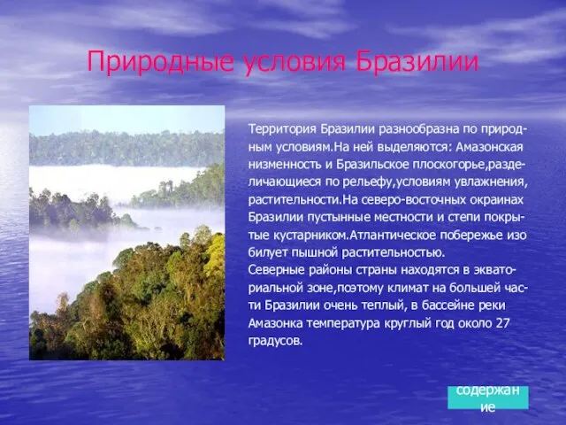 Природные условия Бразилии Территория Бразилии разнообразна по природ- ным условиям.На ней