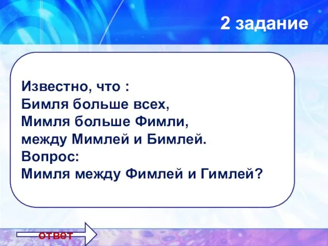 2 задание Бимля Фимля Гимля Мимля ответ Известно, что : Бимля