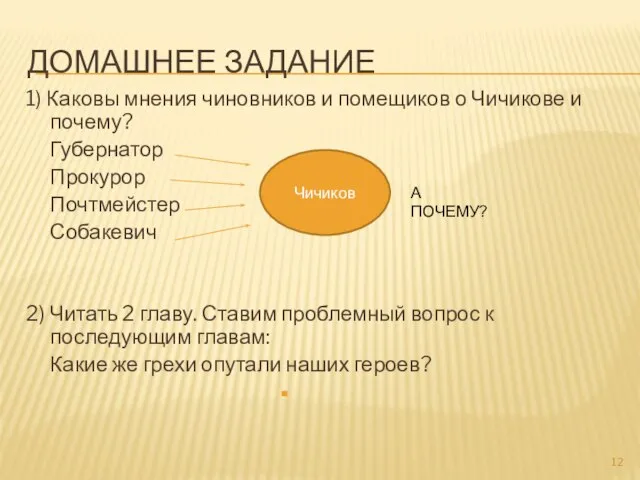 Домашнее задание 1) Каковы мнения чиновников и помещиков о Чичикове и