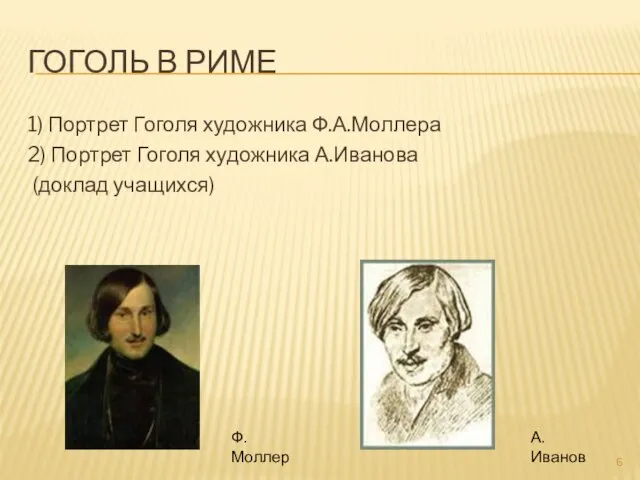 Гоголь в Риме 1) Портрет Гоголя художника Ф.А.Моллера 2) Портрет Гоголя