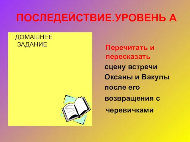 ПОСЛЕДЕЙСТВИЕ.УРОВЕНЬ А ДОМАШНЕЕ ЗАДАНИЕ Перечитать и пересказать сцену встречи Оксаны и