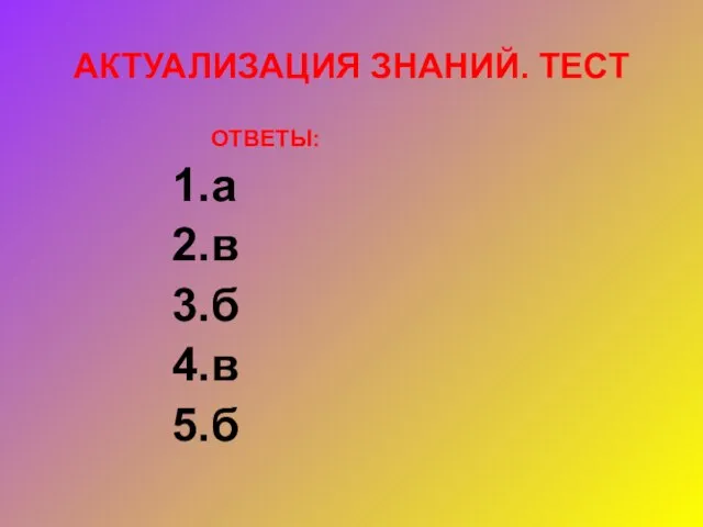 АКТУАЛИЗАЦИЯ ЗНАНИЙ. ТЕСТ ОТВЕТЫ: 1.а 2.в 3.б 4.в 5.б