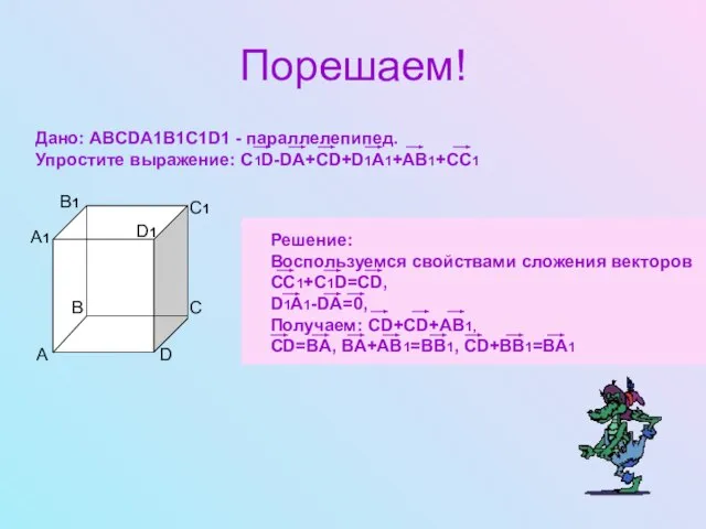 Порешаем! Дано: ABCDA1B1C1D1 - параллелепипед. Упростите выражение: C1D-DA+CD+D1A1+AB1+CC1