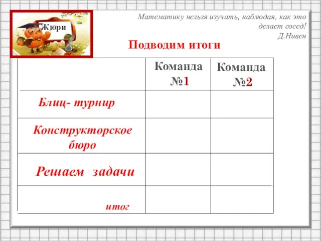 Подводим итоги Команда №1 Команда №2 Блиц- турнир Конструкторское бюро Решаем