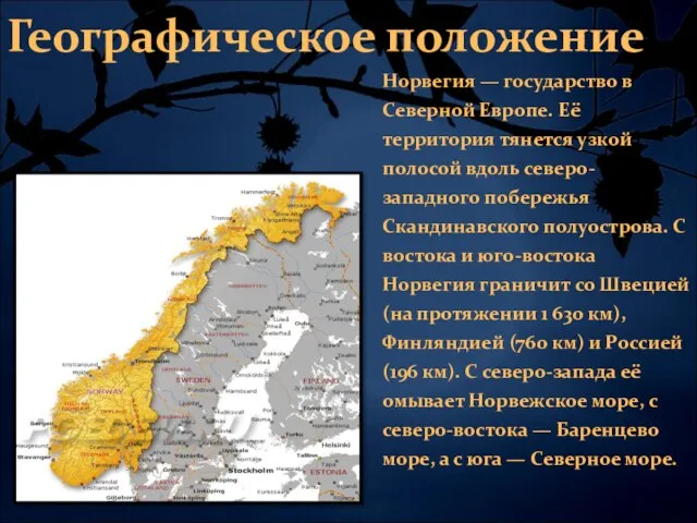 Географическое положение Норвегия — государство в Северной Европе. Её территория тянется