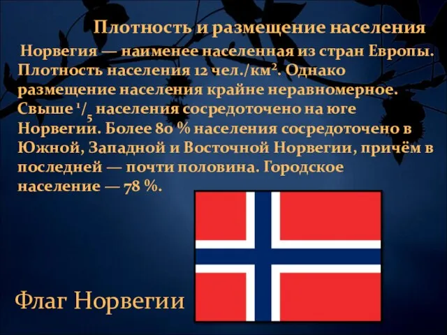 Норвегия — наименее населенная из стран Европы. Плотность населения 12 чел./км².