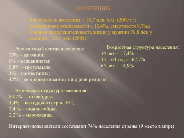 НАСЕЛЕНИЕ: Численность населения – 16,7 млн. чел. (2009 г.); Коэффициент рождаемости