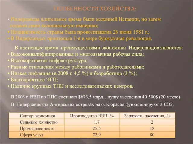 ОСОБЕННОСТИ ХОЗЯЙСТВА: Нидерланды длительное время были колонией Испании, но затем создали