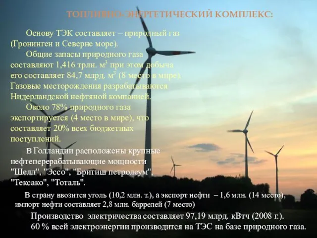 ТОПЛИВНО-ЭНЕРГЕТИЧЕСКИЙ КОМПЛЕКС: Основу ТЭК составляет – природный газ (Гронинген и Северне