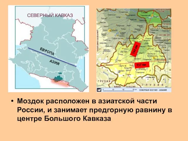 Моздок расположен в азиатской части России, и занимает предгорную равнину в центре Большого Кавказа