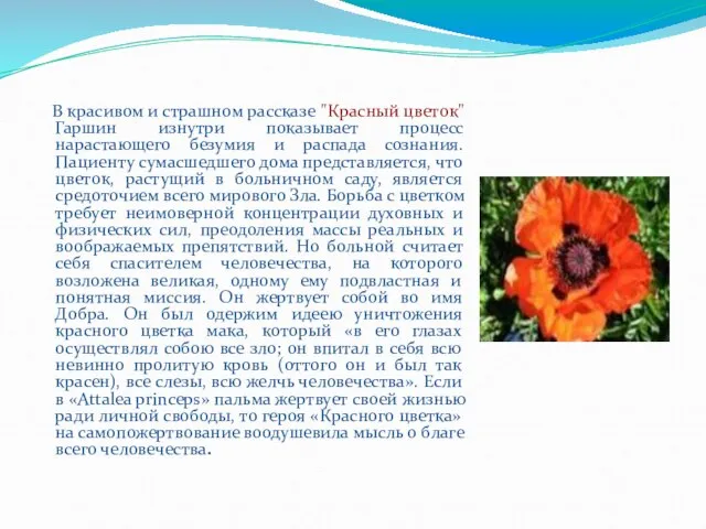 В красивом и страшном рассказе "Красный цветок" Гаршин изнутри показывает процесс