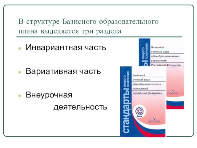 В структуре Базисного образовательного плана выделяется три раздела Инвариантная часть Вариативная часть Внеурочная деятельность