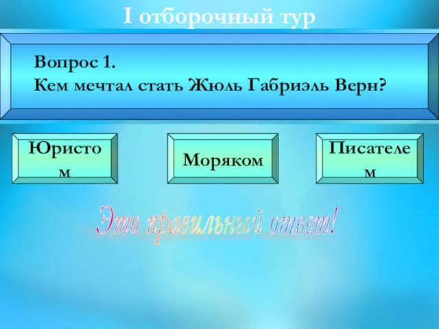 I oтборочный тур Вопрос 1. Кем мечтал стать Жюль Габриэль Верн?