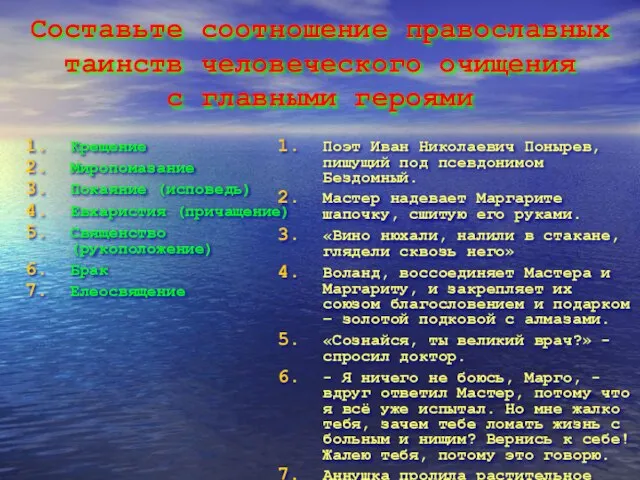 Составьте соотношение православных таинств человеческого очищения с главными героями Крещение Миропомазание