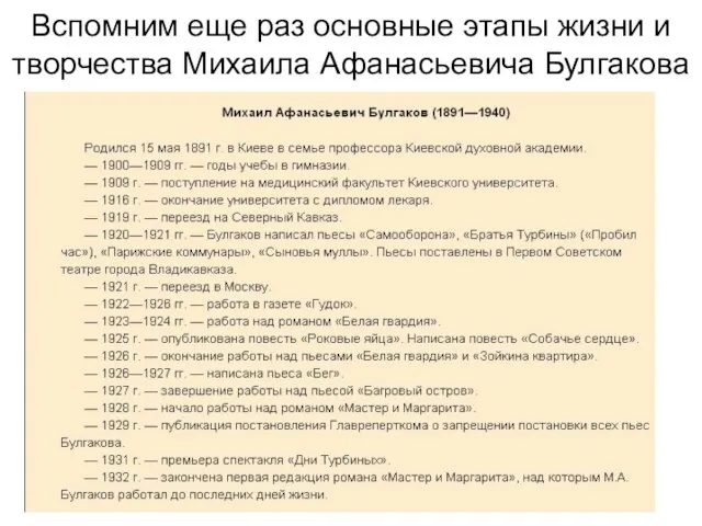 Вспомним еще раз основные этапы жизни и творчества Михаила Афанасьевича Булгакова