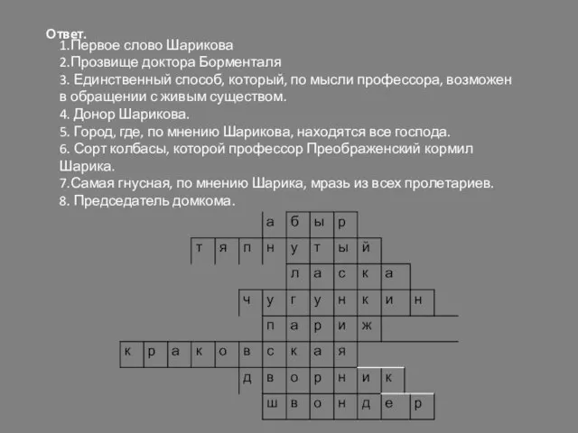 1.Первое слово Шарикова 2.Прозвище доктора Борменталя 3. Единственный способ, который, по