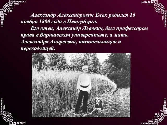 Александр Александрович Блок родился 16 ноября 1880 года в Петербурге. Его