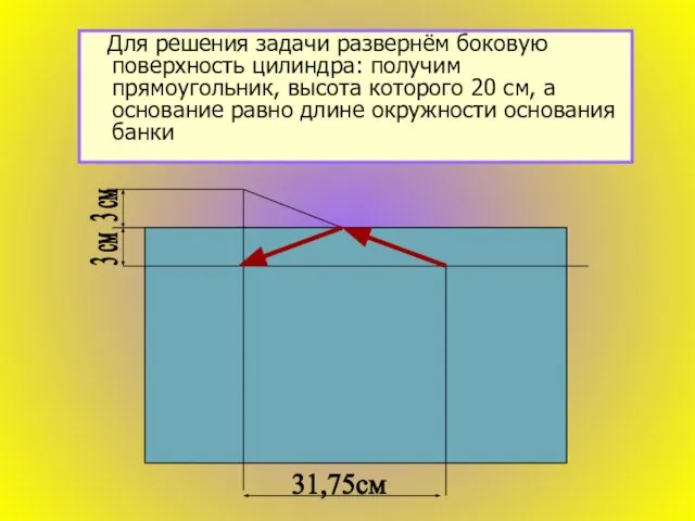 Для решения задачи развернём боковую поверхность цилиндра: получим прямоугольник, высота которого